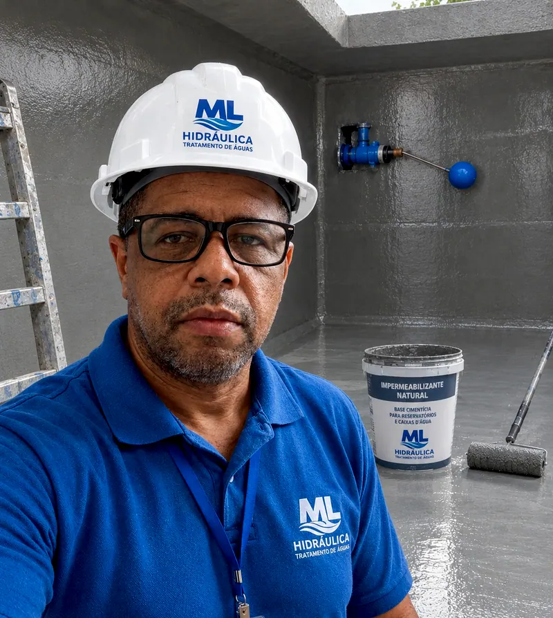 O técnico da ML de capacete e camisa com a logo, dentro de uma caixa d'água sendo impermeabilizada, com o balde de impermeabilizante e o rolo
